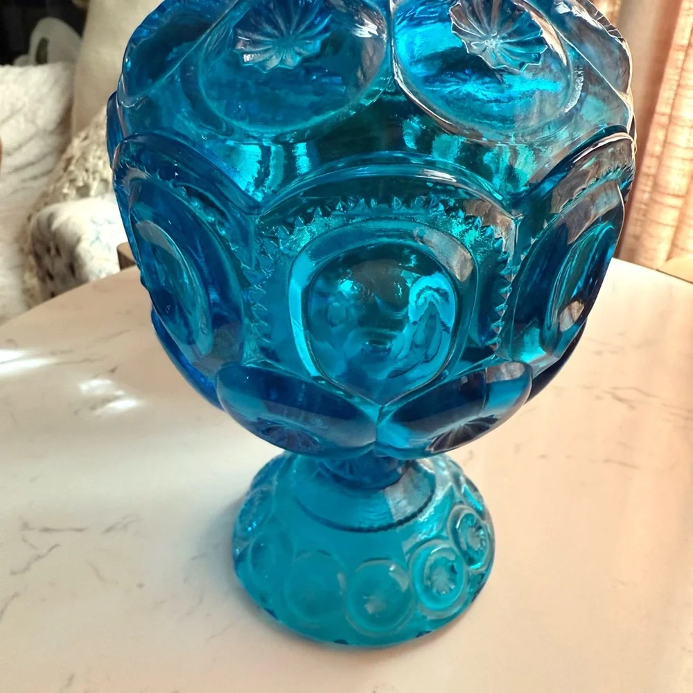 Vintage LE Smith Moon & Stars Blue Glass Candy Dish Compote with Lid